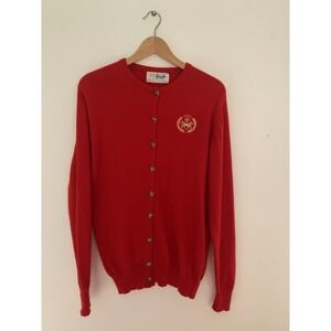 VTG Pringle Of Scotland Red 100% Cashmere Cardigan Crest Lion Buttons Sz M Prep